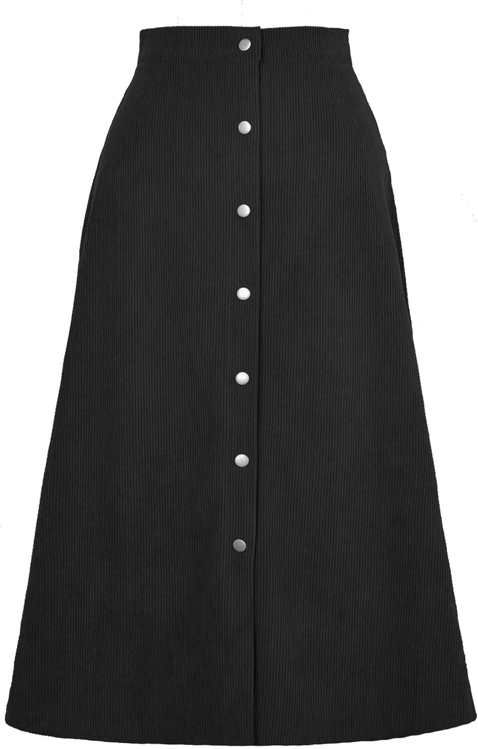 imageIDEALSANXUN Corduroy Skirt Women Fall Winter Elastic High Waisted Button A Line Vintage Cute Midi Skirts with SlitBlack
