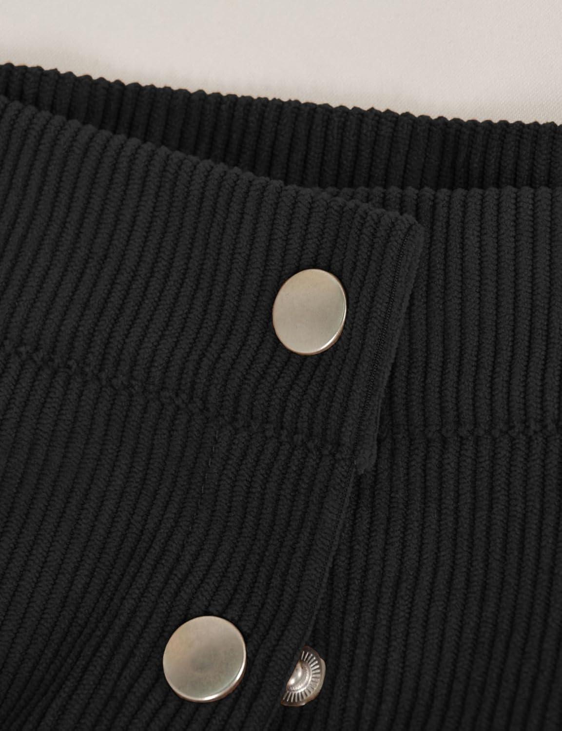 imageIDEALSANXUN Corduroy Skirt Women Fall Winter Elastic High Waisted Button A Line Vintage Cute Midi Skirts with SlitBlack