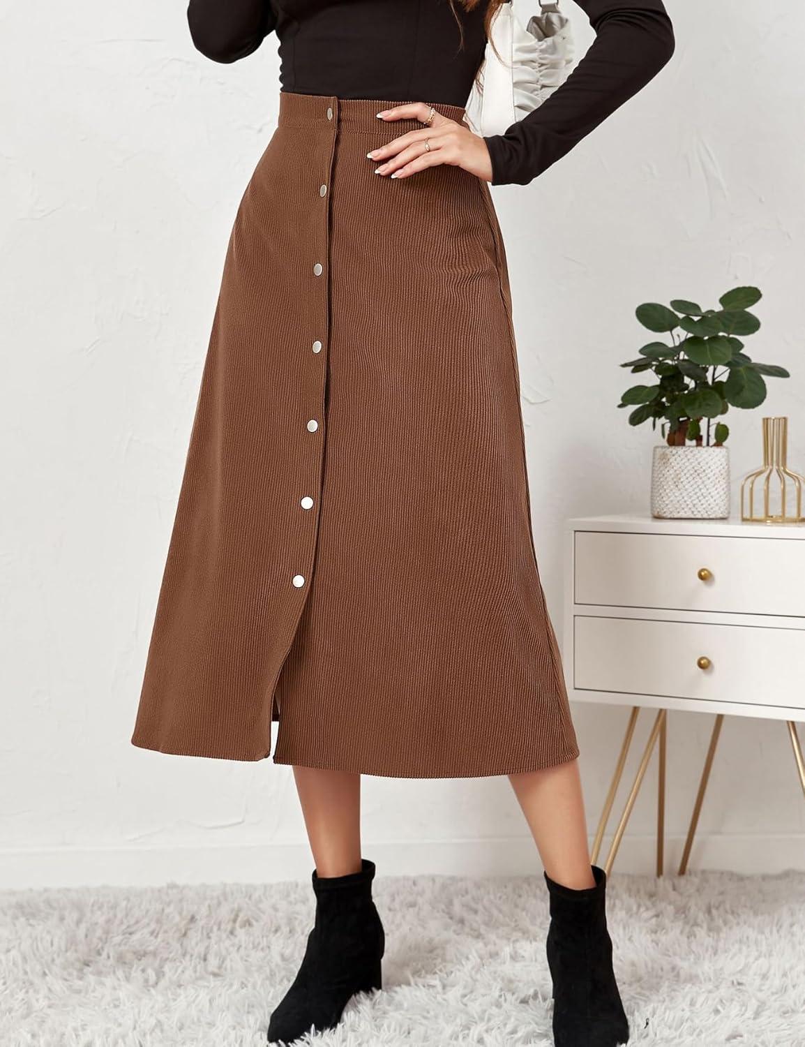 imageIDEALSANXUN Corduroy Skirt Women Fall Winter Elastic High Waisted Button A Line Vintage Cute Midi Skirts with SlitBrown