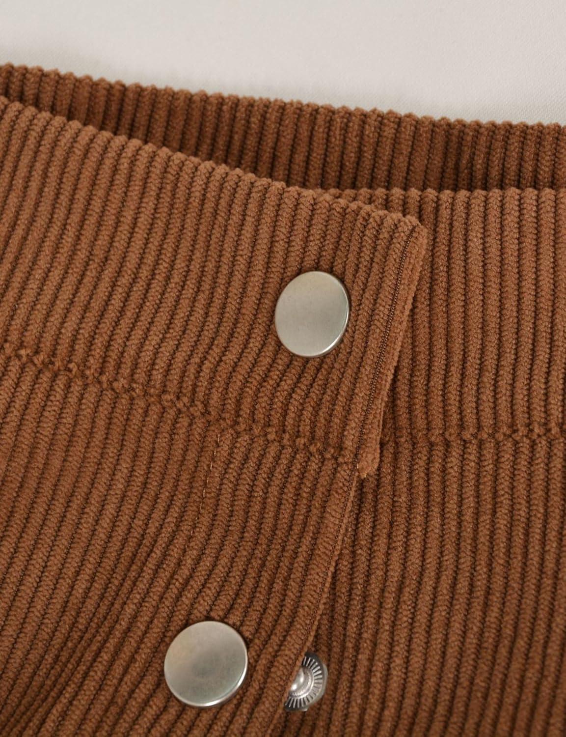imageIDEALSANXUN Corduroy Skirt Women Fall Winter Elastic High Waisted Button A Line Vintage Cute Midi Skirts with SlitBrown