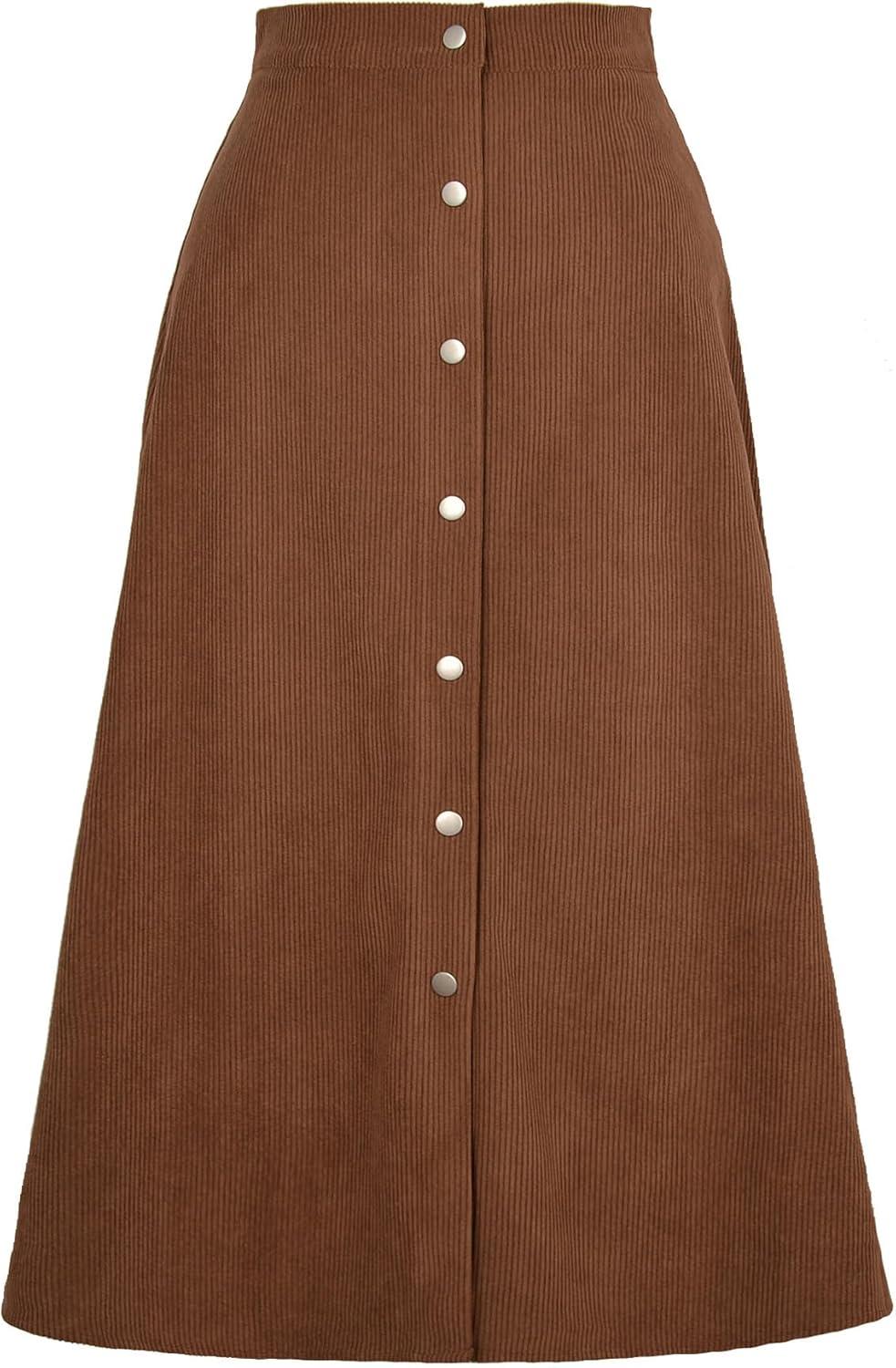 imageIDEALSANXUN Corduroy Skirt Women Fall Winter Elastic High Waisted Button A Line Vintage Cute Midi Skirts with SlitBrown