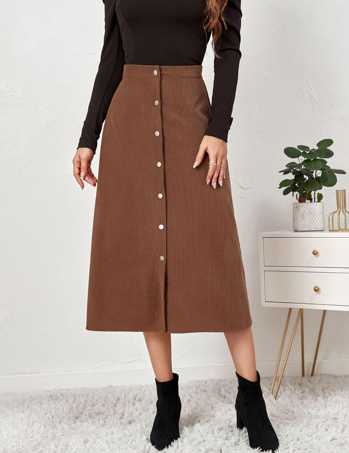 imageIDEALSANXUN Corduroy Skirt Women Fall Winter Elastic High Waisted Button A Line Vintage Cute Midi Skirts with SlitBrown