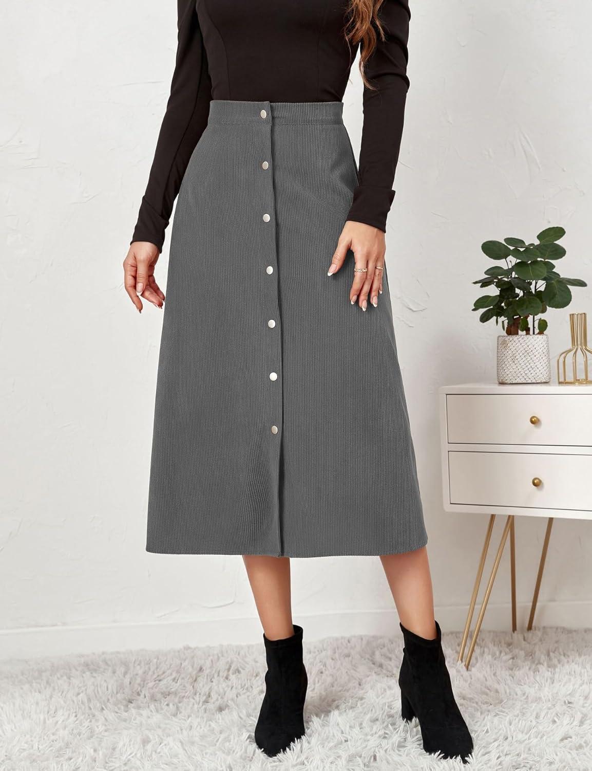 imageIDEALSANXUN Corduroy Skirt Women Fall Winter Elastic High Waisted Button A Line Vintage Cute Midi Skirts with SlitGrey
