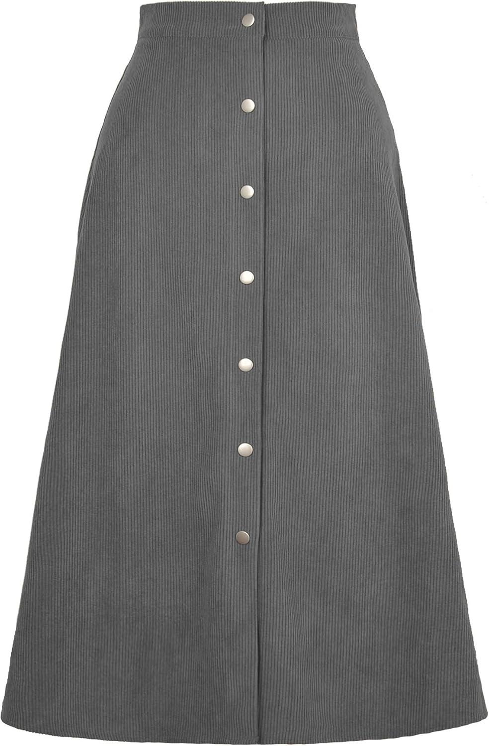 imageIDEALSANXUN Corduroy Skirt Women Fall Winter Elastic High Waisted Button A Line Vintage Cute Midi Skirts with SlitGrey