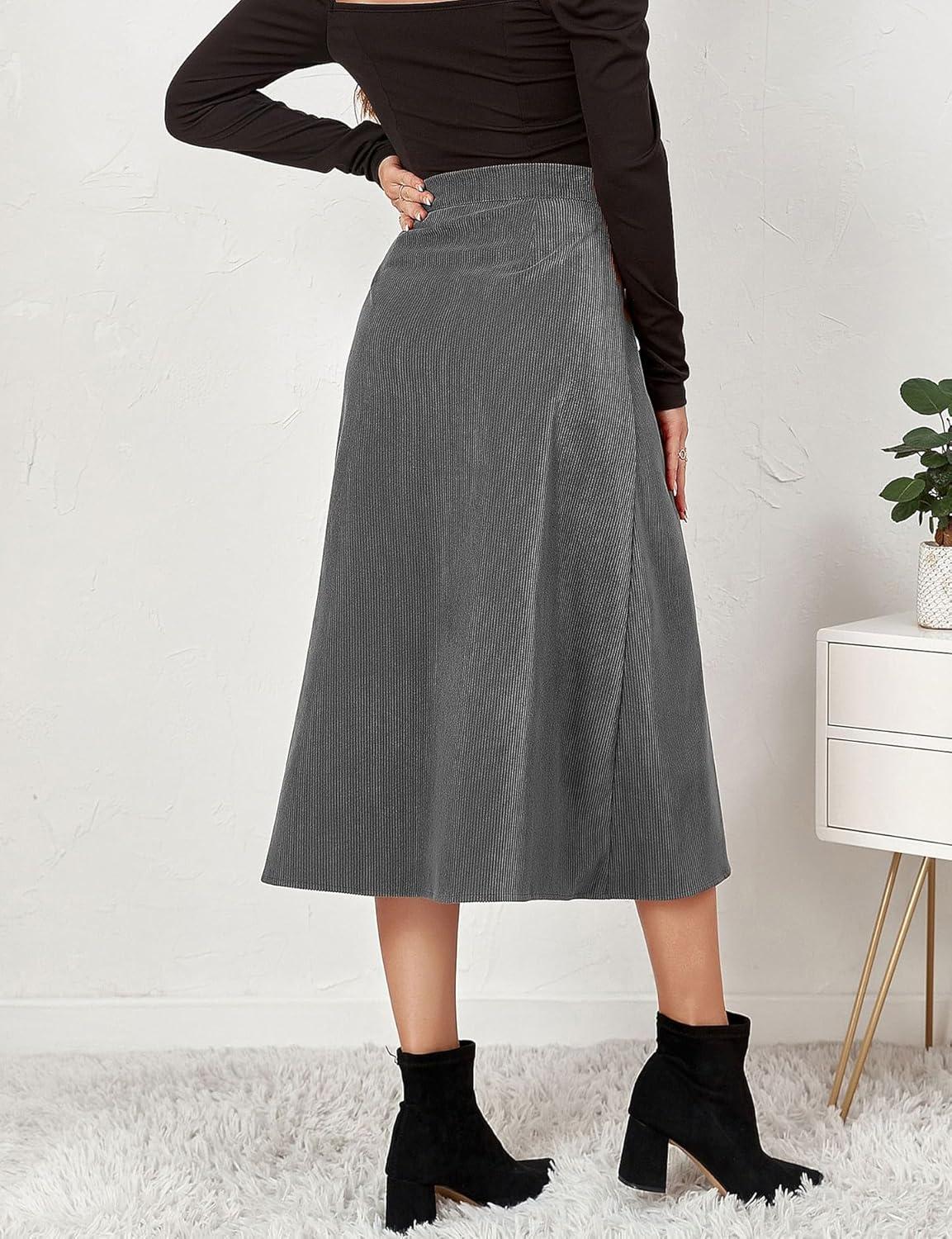 imageIDEALSANXUN Corduroy Skirt Women Fall Winter Elastic High Waisted Button A Line Vintage Cute Midi Skirts with SlitGrey
