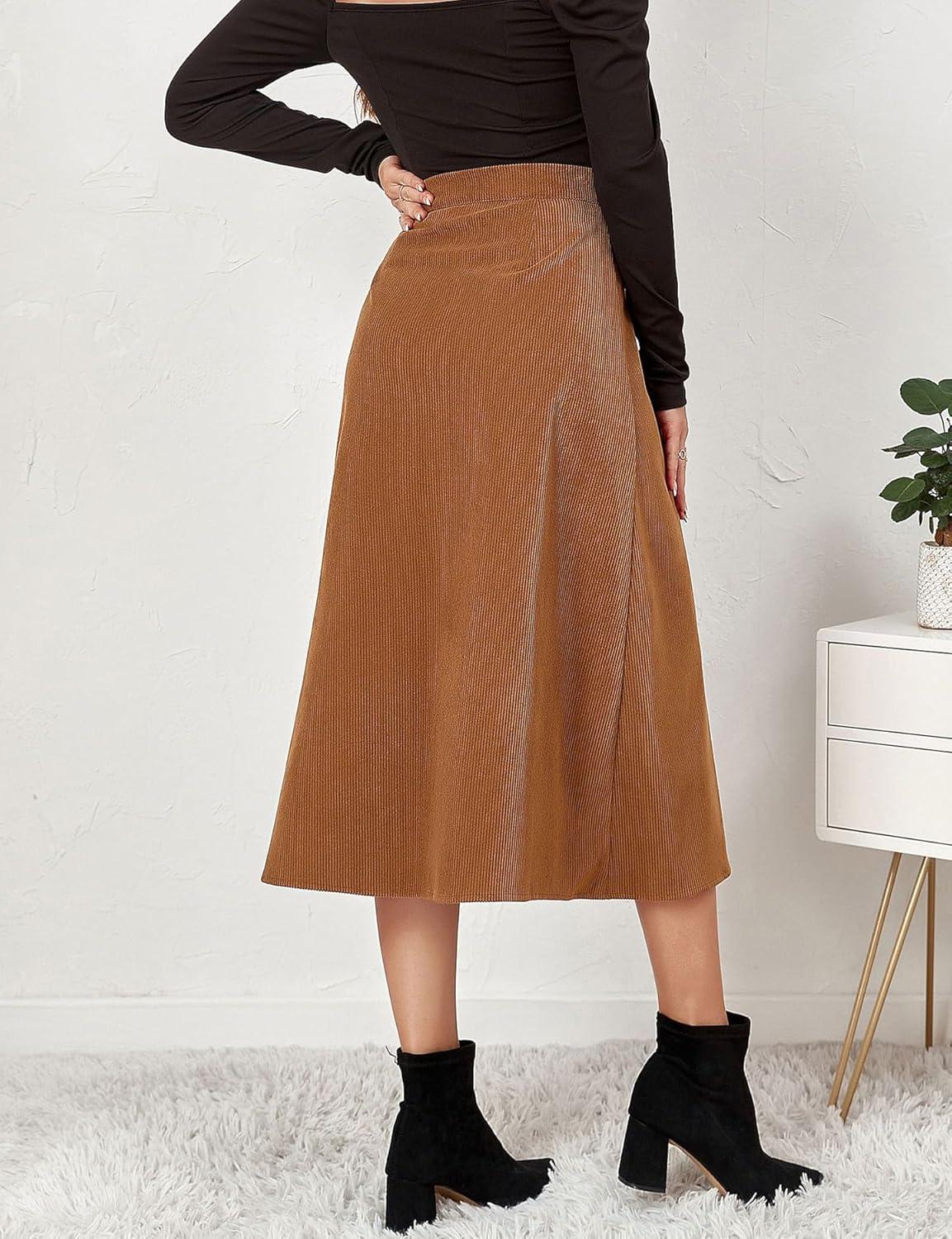 imageIDEALSANXUN Corduroy Skirt Women Fall Winter Elastic High Waisted Button A Line Vintage Cute Midi Skirts with SlitKhaki