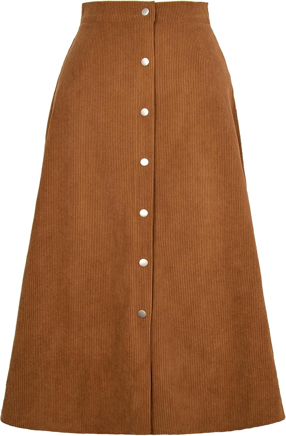imageIDEALSANXUN Corduroy Skirt Women Fall Winter Elastic High Waisted Button A Line Vintage Cute Midi Skirts with SlitKhaki