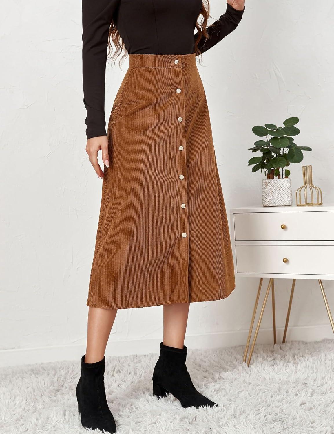 imageIDEALSANXUN Corduroy Skirt Women Fall Winter Elastic High Waisted Button A Line Vintage Cute Midi Skirts with SlitKhaki
