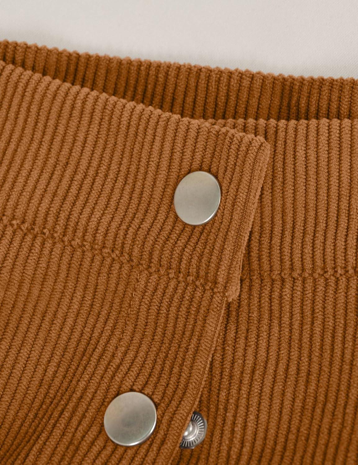 imageIDEALSANXUN Corduroy Skirt Women Fall Winter Elastic High Waisted Button A Line Vintage Cute Midi Skirts with SlitKhaki