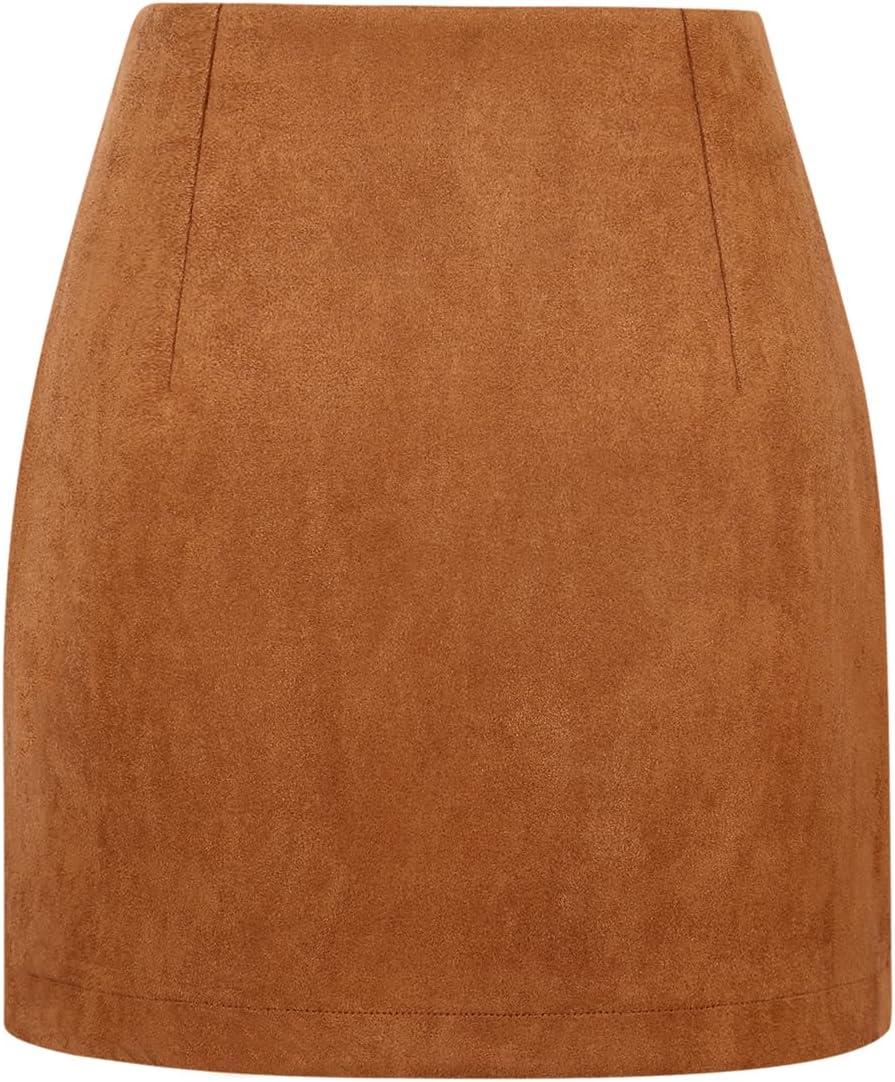 imageIDEALSANXUN Suede Skirts for Women High Waisted Bodycon Mini Skirt with Double ZipperBrown