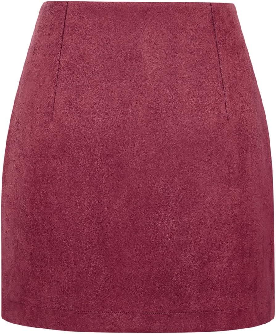 imageIDEALSANXUN Suede Skirts for Women High Waisted Bodycon Mini Skirt with Double ZipperWine