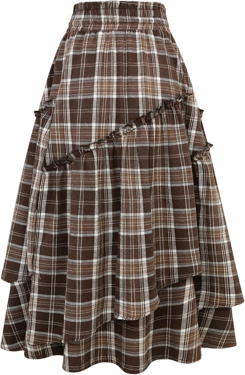 imageIDEALSANXUN Womens Long Plaid Skirts High Waisted A Line Renaissance Maxi Skirt with PocketsBrown
