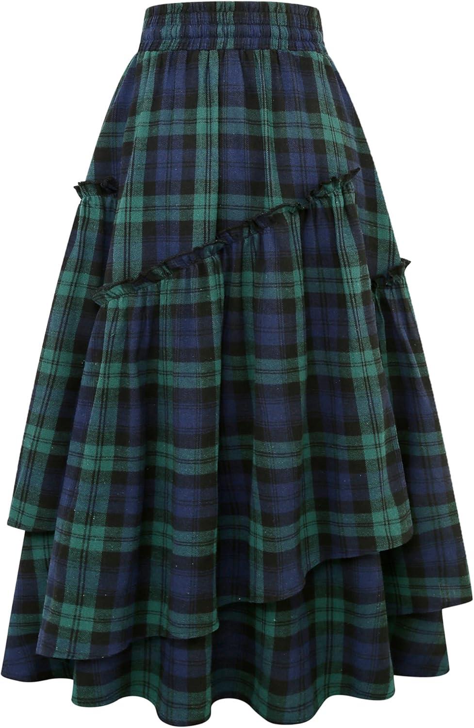 imageIDEALSANXUN Womens Long Plaid Skirts High Waisted A Line Renaissance Maxi Skirt with PocketsGreen