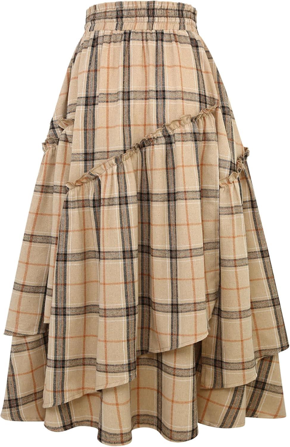 imageIDEALSANXUN Womens Long Plaid Skirts High Waisted A Line Renaissance Maxi Skirt with PocketsKhaki