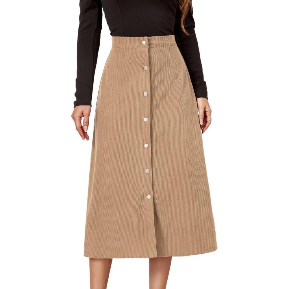 imageIDEALSANXUN Corduroy Skirt Women Fall Winter Elastic High Waisted Button A Line Vintage Cute Midi Skirts with SlitBeige