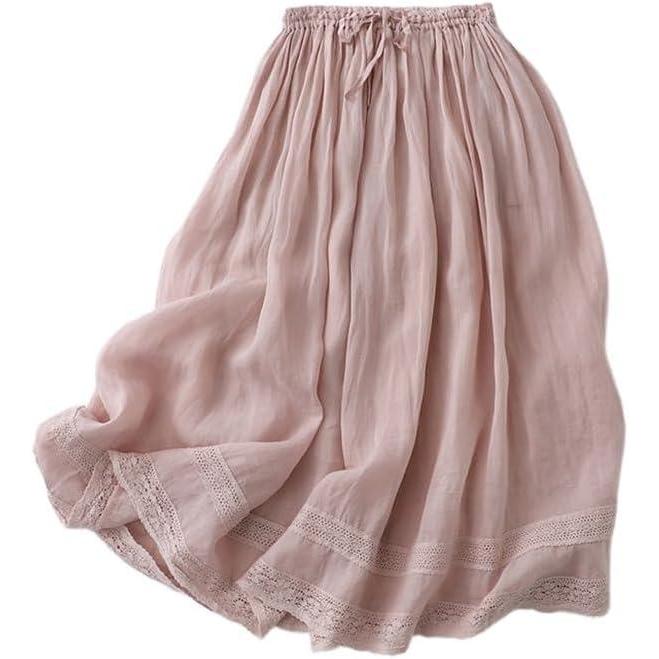 imageIDEALSANXUN Linen Skirts for Women Summer Casual Elastic High Waisted Flowy A Line Midi Skirt with LiningPink