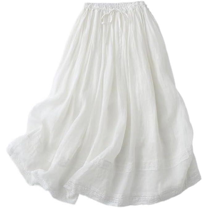 imageIDEALSANXUN Linen Skirts for Women Summer Casual Elastic High Waisted Flowy A Line Midi Skirt with LiningWhite
