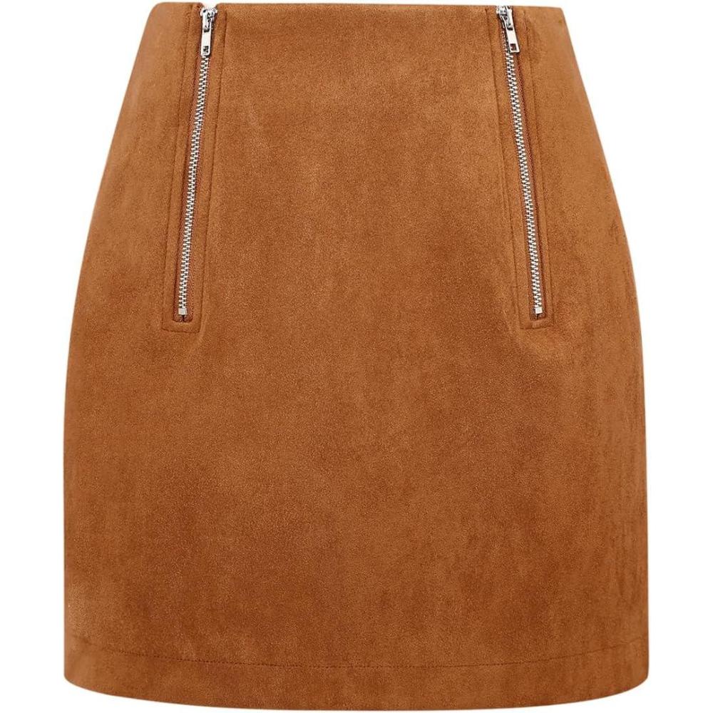imageIDEALSANXUN Suede Skirts for Women High Waisted Bodycon Mini Skirt with Double ZipperBrown
