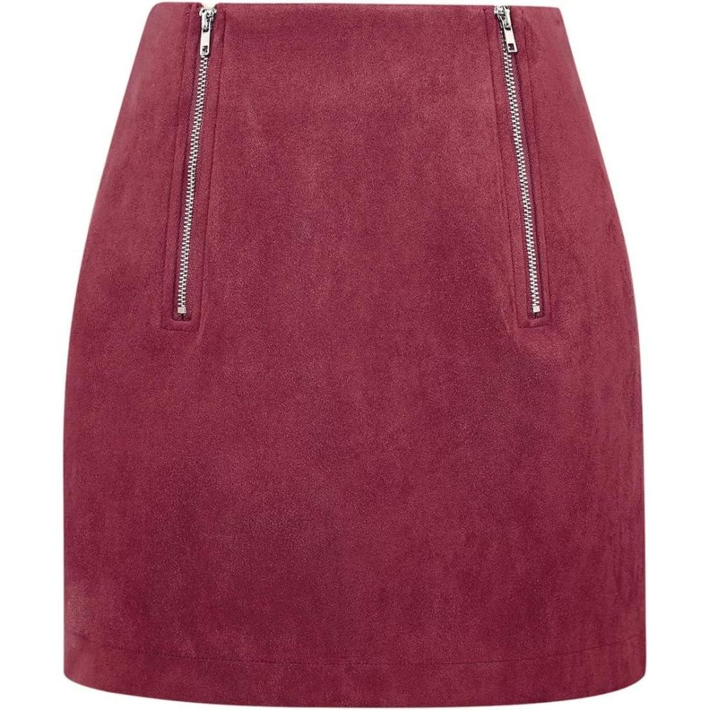 imageIDEALSANXUN Suede Skirts for Women High Waisted Bodycon Mini Skirt with Double ZipperWine