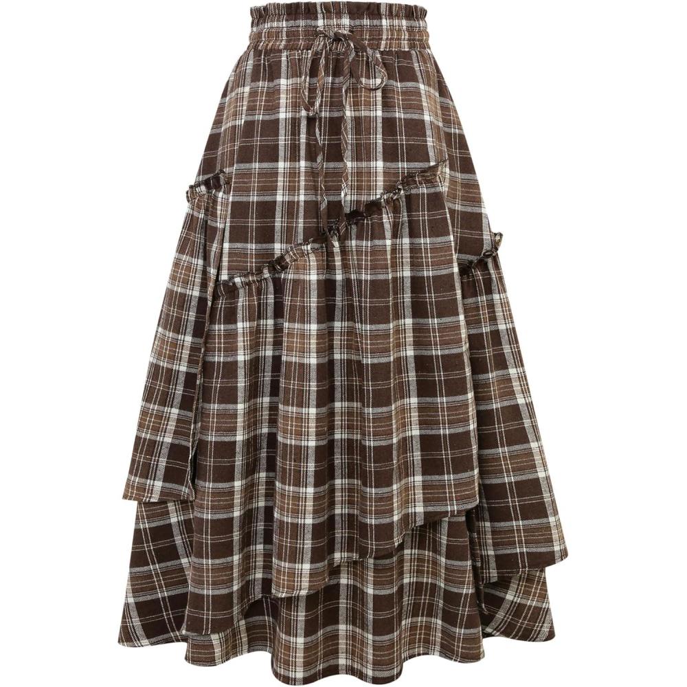 imageIDEALSANXUN Womens Long Plaid Skirts High Waisted A Line Renaissance Maxi Skirt with PocketsBrown