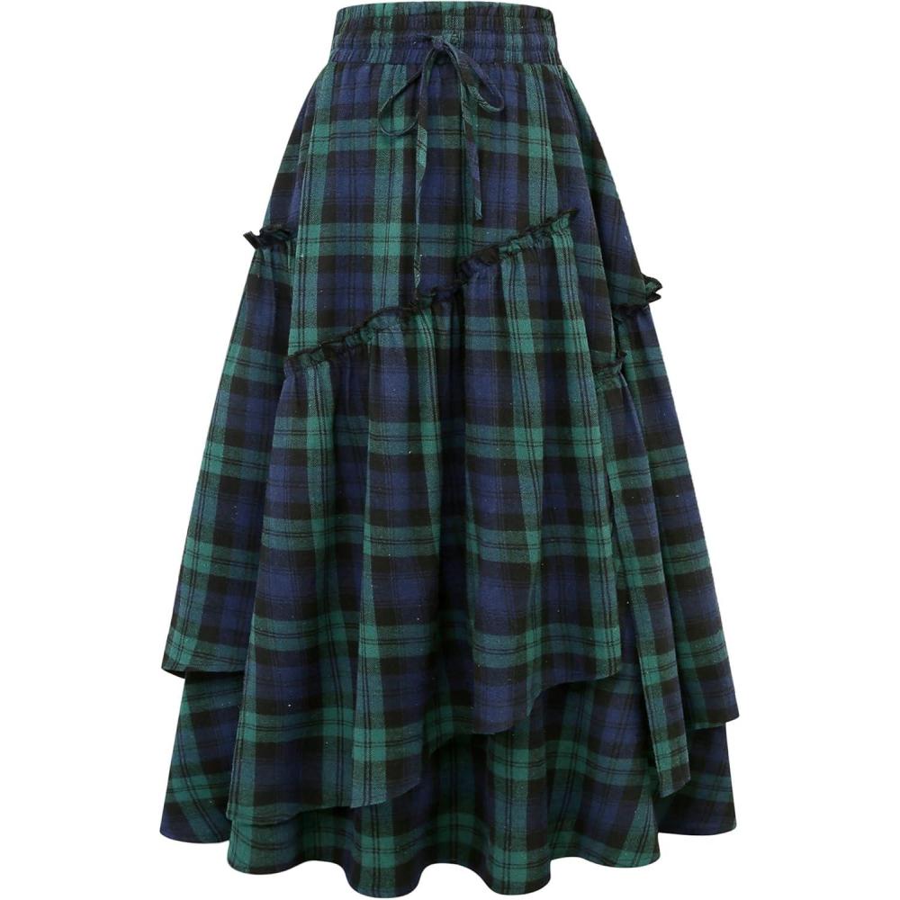 imageIDEALSANXUN Womens Long Plaid Skirts High Waisted A Line Renaissance Maxi Skirt with PocketsGreen