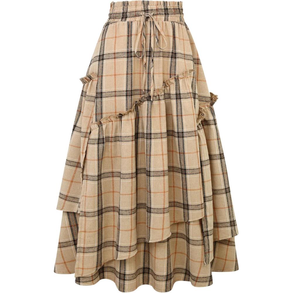 imageIDEALSANXUN Womens Long Plaid Skirts High Waisted A Line Renaissance Maxi Skirt with PocketsKhaki