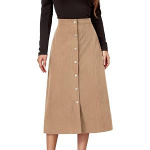 imageIDEALSANXUN Corduroy Skirt Women Fall Winter Elastic High Waisted Button A Line Vintage Cute Midi Skirts with SlitBeige