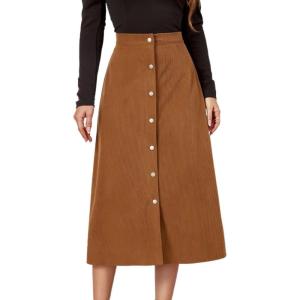 imageIDEALSANXUN Corduroy Skirt Women Fall Winter Elastic High Waisted Button A Line Vintage Cute Midi Skirts with SlitKhaki