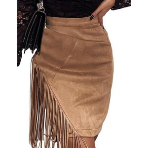imageIDEALSANXUN Fringe Suede Skirt for Women High Waisted Tassel Short Mini SkirtKhaki