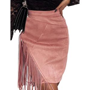 imageIDEALSANXUN Fringe Suede Skirt for Women High Waisted Tassel Short Mini SkirtPink