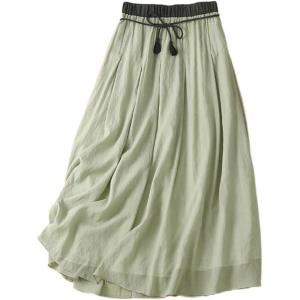 imageIDEALSANXUN Linen Skirts for Women Casual Lightweight 2024 Summer Vintage A Line Drawstring Elastic High Waist Midi SkirtsGreen