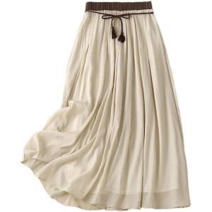 imageIDEALSANXUN Linen Skirts for Women Casual Lightweight 2024 Summer Vintage A Line Drawstring Elastic High Waist Midi SkirtsKhaki