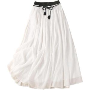 imageIDEALSANXUN Linen Skirts for Women Casual Lightweight 2024 Summer Vintage A Line Drawstring Elastic High Waist Midi SkirtsWhite