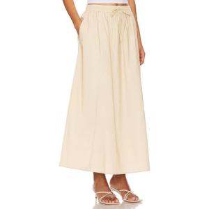 imageIDEALSANXUN Linen Skirts for Women Spring Summer A Line Drawstring Elastic High Waisted Casual Flowy Midi Skirt with SlitBeige