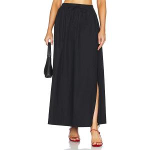 imageIDEALSANXUN Linen Skirts for Women Spring Summer A Line Drawstring Elastic High Waisted Casual Flowy Midi Skirt with SlitBlack