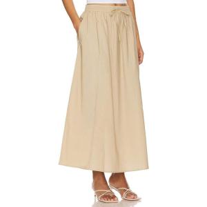 imageIDEALSANXUN Linen Skirts for Women Spring Summer A Line Drawstring Elastic High Waisted Casual Flowy Midi Skirt with SlitChampagne