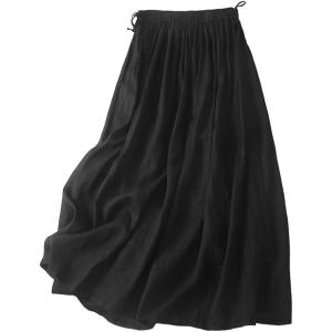 imageIDEALSANXUN Linen Skirts for Women Spring Summer A Line Elastic High Waisted Casual Drawstring Flowy Midi SkirtBlack
