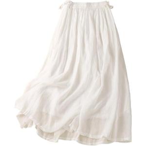 imageIDEALSANXUN Linen Skirts for Women Spring Summer A Line Elastic High Waisted Casual Drawstring Flowy Midi SkirtWhite