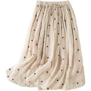 imageIDEALSANXUN Linen Skirts for Women Spring Summer A Line Flowy Casual Elastic High Waisted Polka Dot Midi SkirtBeige