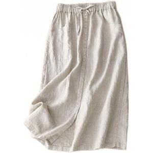 imageIDEALSANXUN Linen Skirts for Women Summer A Line Flowy Casual Drawstring High Waist Button Down Midi Skirts with SlitBeige