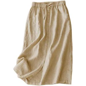imageIDEALSANXUN Linen Skirts for Women Summer A Line Flowy Casual Drawstring High Waist Button Down Midi Skirts with SlitDark Khaki