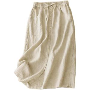 imageIDEALSANXUN Linen Skirts for Women Summer A Line Flowy Casual Drawstring High Waist Button Down Midi Skirts with SlitKhaki