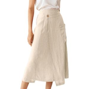 imageIDEALSANXUN Linen Skirts for Women Summer Casual Cotton A Line Elastic High Waisted Midi Skirts with PocketsBeige