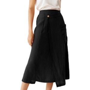 imageIDEALSANXUN Linen Skirts for Women Summer Casual Cotton A Line Elastic High Waisted Midi Skirts with PocketsBlack