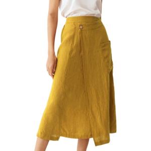 imageIDEALSANXUN Linen Skirts for Women Summer Casual Cotton A Line Elastic High Waisted Midi Skirts with PocketsYellow