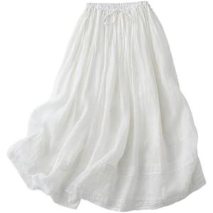 imageIDEALSANXUN Linen Skirts for Women Summer Casual Elastic High Waisted Flowy A Line Midi Skirt with LiningWhite