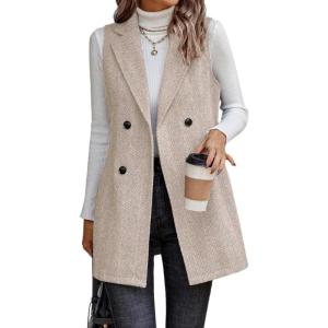 imageIDEALSANXUN Long Vest for Women Sleeveless Tweed Blazer Fall Jackets Cardigan OuterwearBeige