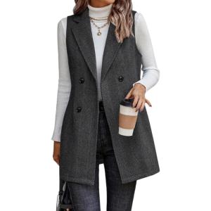 imageIDEALSANXUN Long Vest for Women Sleeveless Tweed Blazer Fall Jackets Cardigan OuterwearBlack