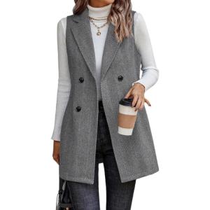 imageIDEALSANXUN Long Vest for Women Sleeveless Tweed Blazer Fall Jackets Cardigan OuterwearGrey
