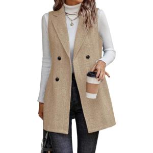 imageIDEALSANXUN Long Vest for Women Sleeveless Tweed Blazer Fall Jackets Cardigan OuterwearKhaki